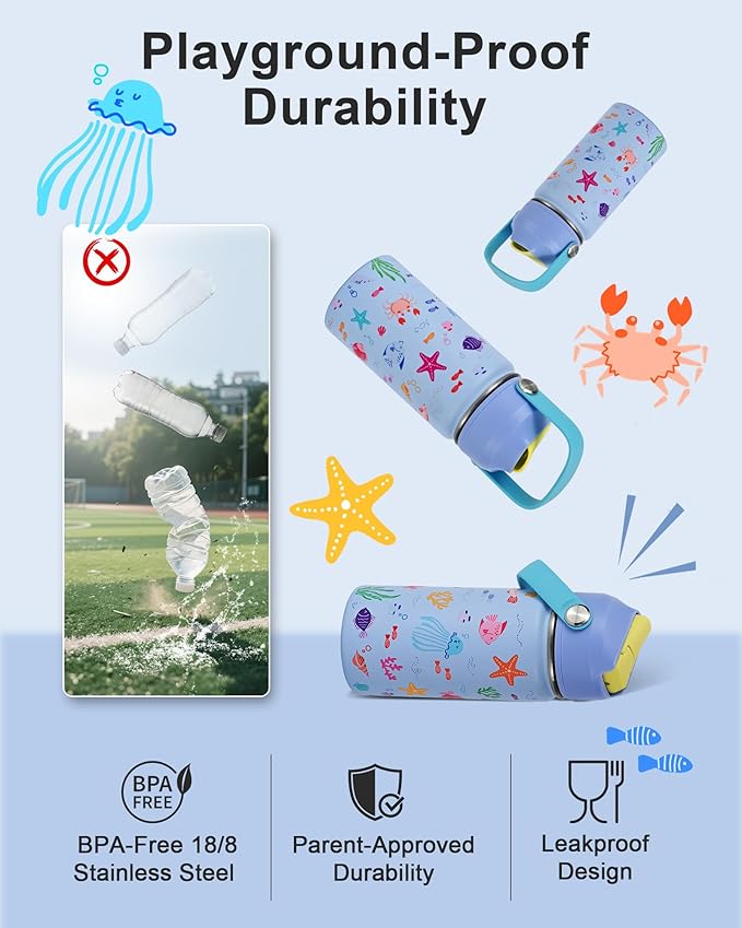 Kids Water Bottle 14oz with Silicone Straw Lid - Insulated Toddler Water Bottle Stainless Steel Keeps Cold 24H, Leak Proof & Ocean Animal Prints Design | Custom Name Tag for School, Daycare, Travel