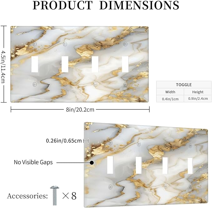 Luxurious White Gold Marble Patterns Abstract Light Switch Covers Quad Toggle Electrical Faceplate 4 Gang Wall Plate Decorative Switch Plates Cover for Bathroom Kitchen Decor