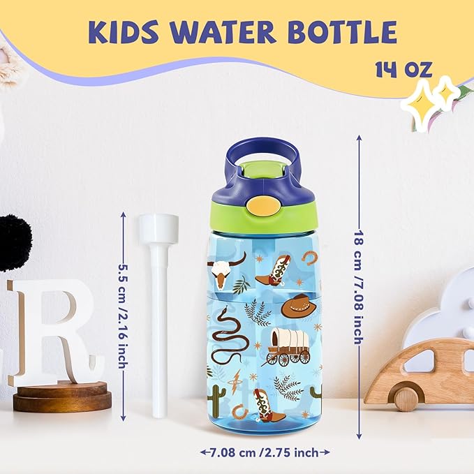 14oz Cowboy Kids Water Bottle with Straw - Western Water Bottle For School, Leakproof, Lightweight, Durable Plastic Bottles for Kids Travel, Pop-Up Straw Cover, Gift Cup for Boys Girls (Cowboy)