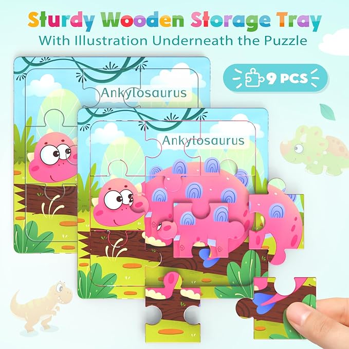 Zeoddler Wooden Puzzles for Toddlers, 8 Pack Dinosaur Jigsaw Puzzles for Kids3-5, 9 Pieces Preschool Learning Activities, Learning & Educational Puzzles, Gift for Boys, Girls