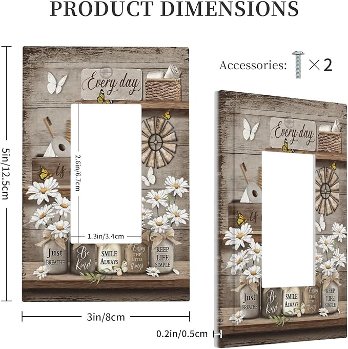 Rustic Daisy Flower Butterfly Inspirational Cottage Decorative Outlet Covers 1 Gang Single Rocker Light Switch Cover Plate Wall Plates GFCI Faceplate for Farmhouse Bedroom Decor