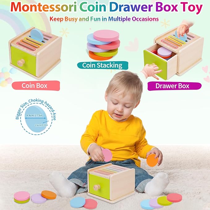 FCSONU Toddlers Montessori Coin Box Toys for 1 2 3 Year Old, Wooden Baby Toys for Toddlers 1-3, Color Sorting & Stacking Sensory Toys for Ages 2-4 Kids, Easter Birthday for Boys Girls
