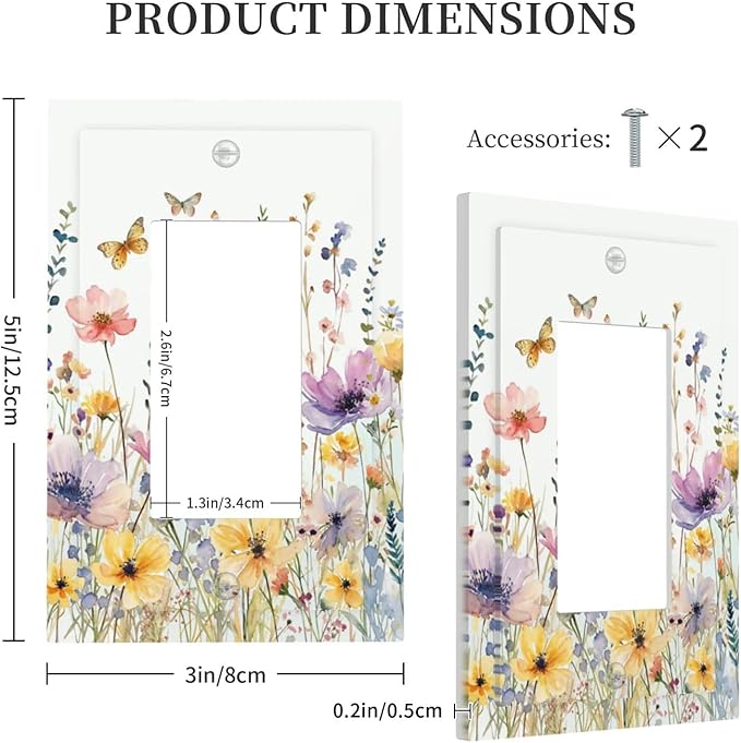 Wildflowers Colorful Flower Butterfly Floral Decorative Outlet Covers 1 Gang Single Rocker Light Switch Cover Plate Wall Plates GFCI Faceplate for Farmhouse Bedroom Decor