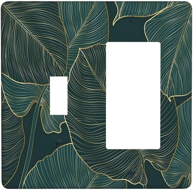 Gold Tropical Green Botanical Palm Leaves Outlet Covers 1 Toggle 1 Rocker Combination Decorative Wall Plate Electrical Switch Plates Light Switch Cover Plate for Bedroom Living Room Decor