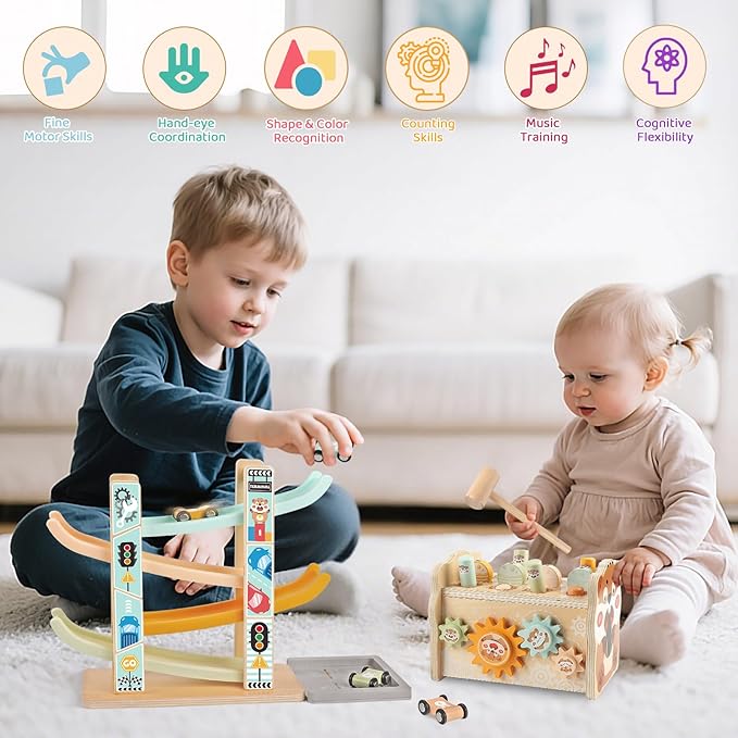 Wooden Montessori Toys for 1 Year Old, Pounding Hammering Toy with Xylophone & Fishing Game, Car Ramp Toy, Stacking Blocks & Shape Sorter 3 in 1 Wooden Toddler Toys 1 2 3 for Christmas Easter Gifts