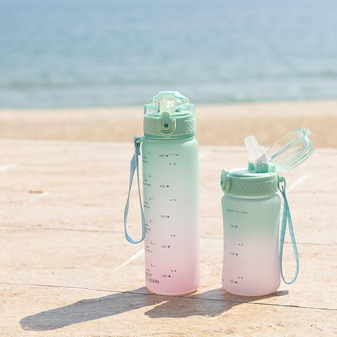 OLDLEY Kids Water Bottle for School, 12 oz (2 lids) BPA-Free Reusable Leak-proof Durable Tritan Plastic Water Bottles with Straw & Chug Lids, Anti-dust Spout Cover (Mintpink)