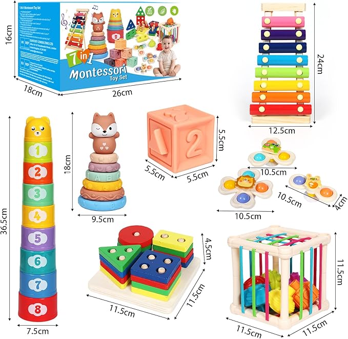 LearnToy Baby Toys 18-36 Months, Montessori 7-in-1 Activity Set - Stacking Blocks, Infant Teething Toy & Sensory Bin, Baby Boys & Girls Gifts