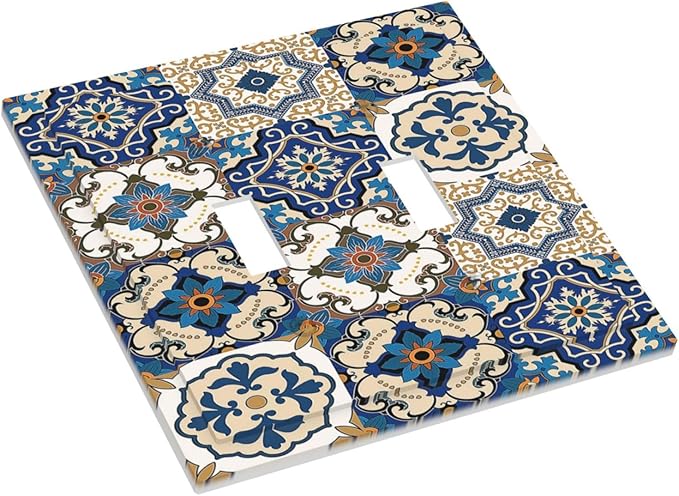 Decorative Switch Plates Mandala Decorative Tile Talavera Moroccan Tiles 2 Gang Double Toggle Wall Plate Outlet Light Switch Cover Electrical Faceplate for Bedroom living Room Decor