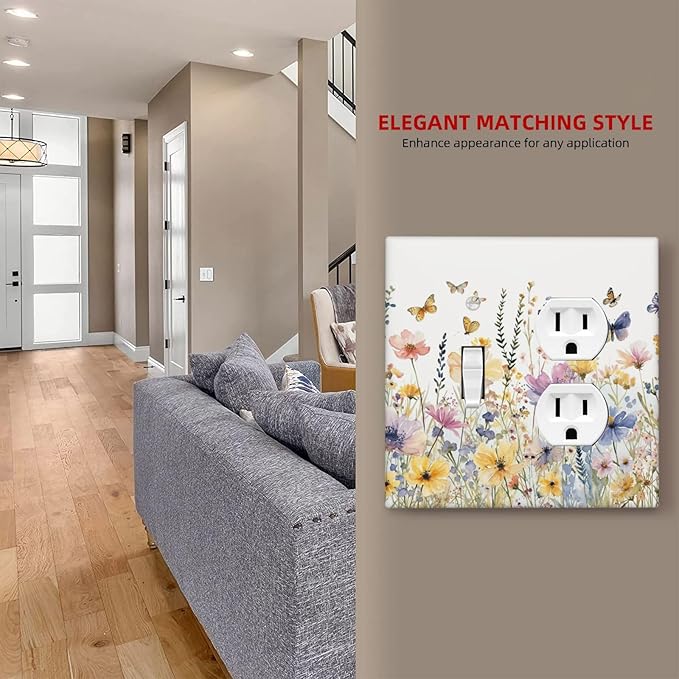 Wildflowers Colorful Flower Butterfly Floral Wallplates 1 Toggle 1 Duplex Switch Plate Electrical GFCI Faceplate Decorative Light Switch Covers for Farmhouse Bedroom Decor