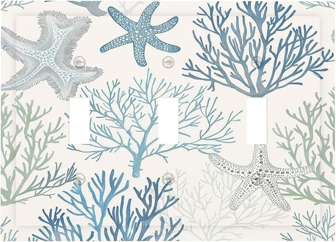 Decorative Switch Plates Ocean Beach Theme Starfish Seashell Coral 3 Gang Wall Plate Triple Toggle Light Switch Cover Faceplate Electrical Wall Panels For Bathroom Kids Room Decor