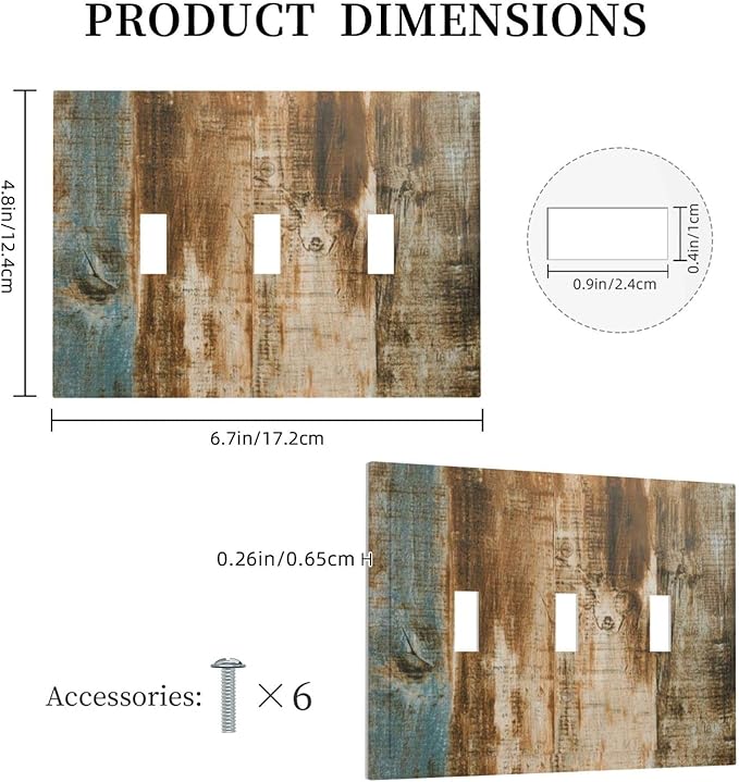 Brown Wood 3 Gang Triple Toggle Light Switch Wall Plate Cover Decorative Electrical Faceplate for Rustic Barn Door Home Living Room Decorate 6.7" x 4.8