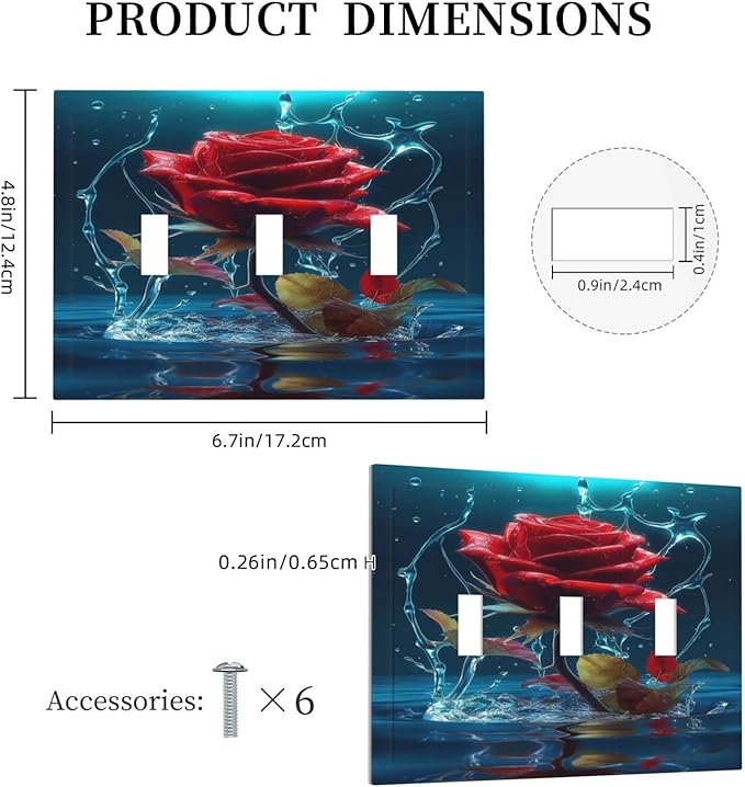 Red Rose Blue Water Drips 3 Gang Light Switch Plate Decorative Triple Toggle Wall Plate Cover Electrical Faceplate Switchcover for Kidroom Bathroom Home Bedroom Art Panel Decor