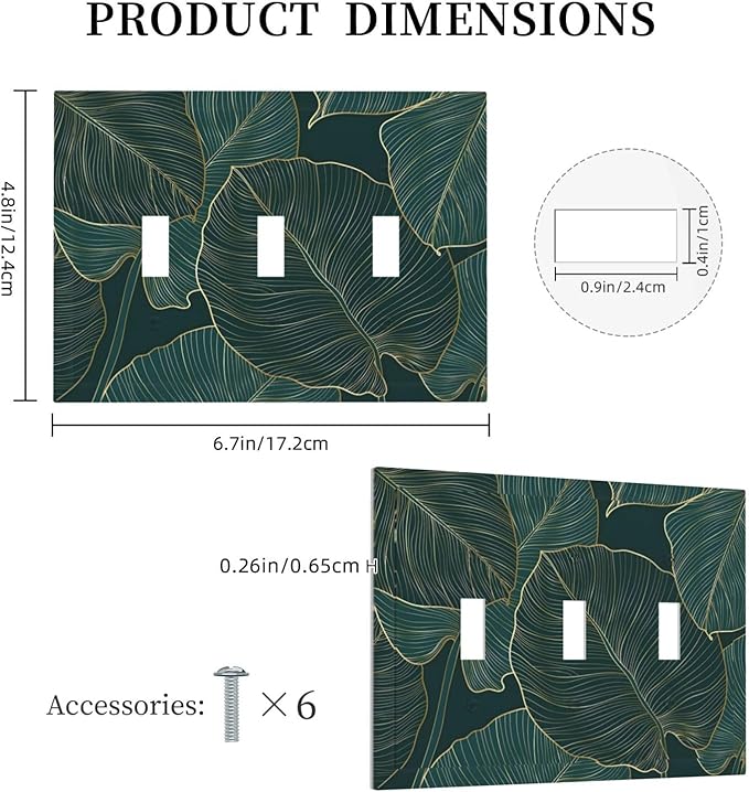 Gold Tropical Green Botanical Palm Leaves Decorative Switch Plates 3 Gang Wall Plate Triple Toggle Light Switch Cover Faceplate Electrical Wall Panels for Bedroom Living Room Decor