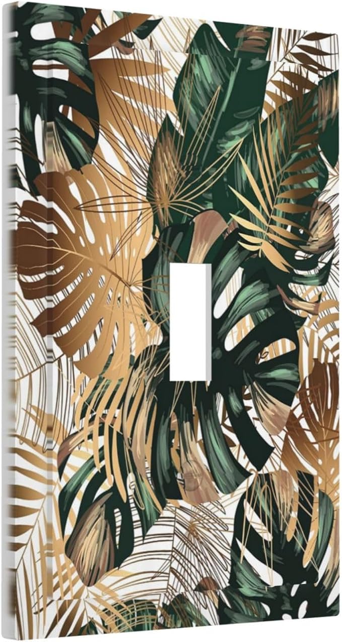 Green Tropical Leaves Gold Palm Leaf Botanical 1 Gang Light Switch Covers Decorative Unique Single Toggle Wall Plate Switchcover Electrical Switchplate for Kitchen Bathroom Bedroom Decor
