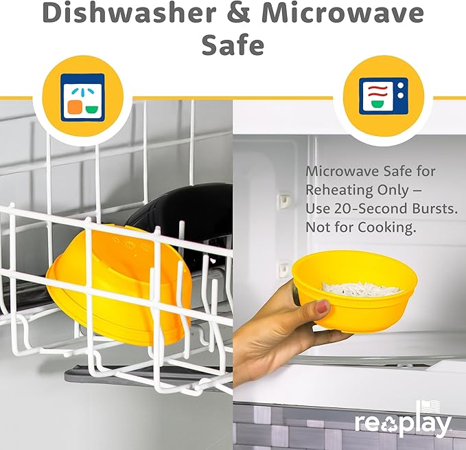 Re-Play 3 Divided Toddler Plates, 3 Utensils Set and 3 Wide Base Bowls - Dishwasher and Microwave Safe - Made in USA - Aqua Asst