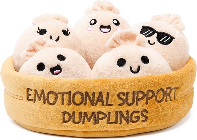 WHAT DO YOU MEME? Emotional Support Dumplings by Relatable, Cuddly Stuffed Animals and Plushies Set, Small Gifts for Mom, Includes 5 Dumplings Plush Toys with Carrying Basket, for Mom