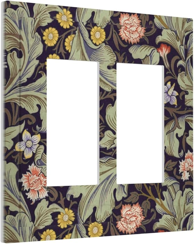 Boho William Morris Floral Green Leaves Flower Decorative Outlet Covers 2 Gang Double GFCI Rocker Electrical Wall Panels Light Switch Cover Plate for Farmhouse Home Decor