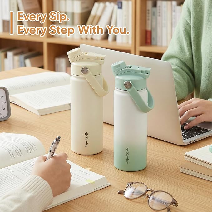 KEWIXY 18 oz Insulated Water Bottle with Straw, 2-in-1 Lid, Straw & Spout, Leak Proof, Cup Holder Fit, Stainless Steel with Handle, Reusable, Metal, for Travel, Gym and School (Icy Mint)