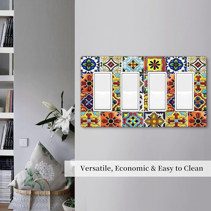 Boho Mexican Moroccan Tile 4 Gang Quad Rocker/GFCI/Decorator Light Switch Cover Plate Decorative Electric Faceplate Decorative Switchplate Screwless