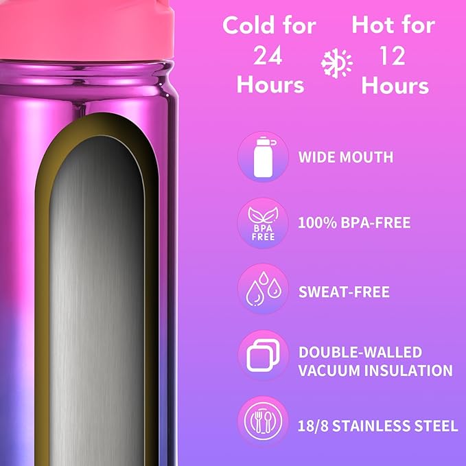 Mininoo Kids Water Bottle, Girls Water Bottles for School, 16oz Stainless Steel Metal Water Bottle with Straw Lid