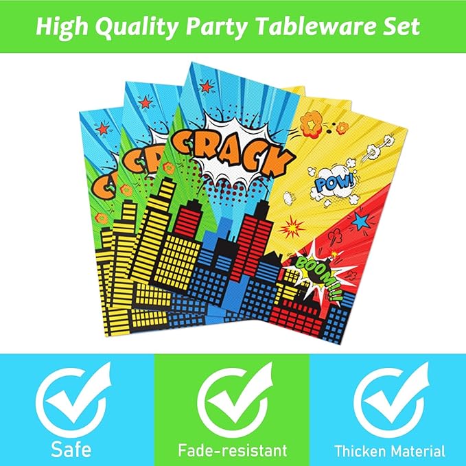 gisgfim 96 Pcs Super Theme Hero Party Plates and Napkins Party Supplies Hero Themed Party Tableware Set Hero Action Disposable Decorations Favors for Birthday Baby Shower for 24 Guests