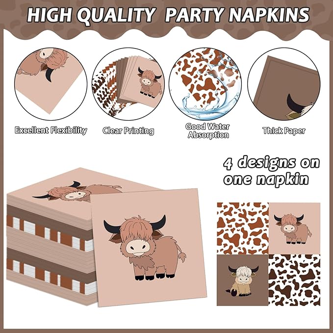 96Pcs Highland Cow Birthday Party Supplies Brown Highland Cows Paper Plates Napkins Holy Cow Park Party Tableware Disposable Checkered Dinnerware Decoration Set for Kids Birthday Baby Shower Table Dec