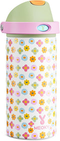 18 oz Kids Water Bottle for School: Meoky 18 oz Stainless Steel Insulated Water Bottle with 2-in-1 Straw and Spout Lid - Leak Proof, Fits in Car Cup Holder, BPA-Free for Teen Girls, Rainbow Blooms