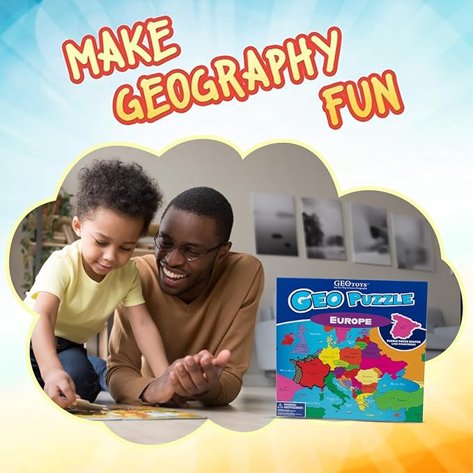 GeoToys GeoPuzzle, Europe Jigsaw Puzzles, 58 Pc Geography Game & Map Puzzle, Educational Games & Kids Learning Activities, Puzzle Gifts for Children Ages 6-9, Fun Learning Toys for Kids