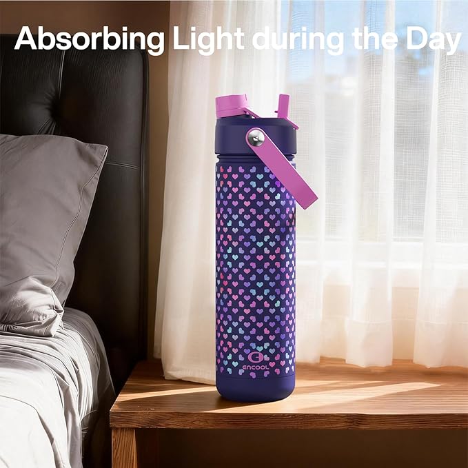 ENCOOL Insulated Water Bottle with Straw Stainless Steel Water Bottle, Glow in the Dark, Leak-Proof, BPA-Free, Keeps Cold for 24 Hours for Sports, Travel, School (26 oz, Heartfield)