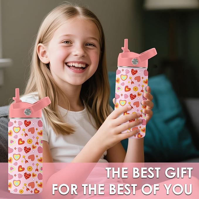 Heart Gifts for Kids - 16 Oz Kids Water Bottle with Straw Lid, Stainless Steel Insulated Tumbler, Leak Proof, BPA-Free, for Girls, School, Travel - Heart Pattern Children Birthday Gifts Cups(1pc)