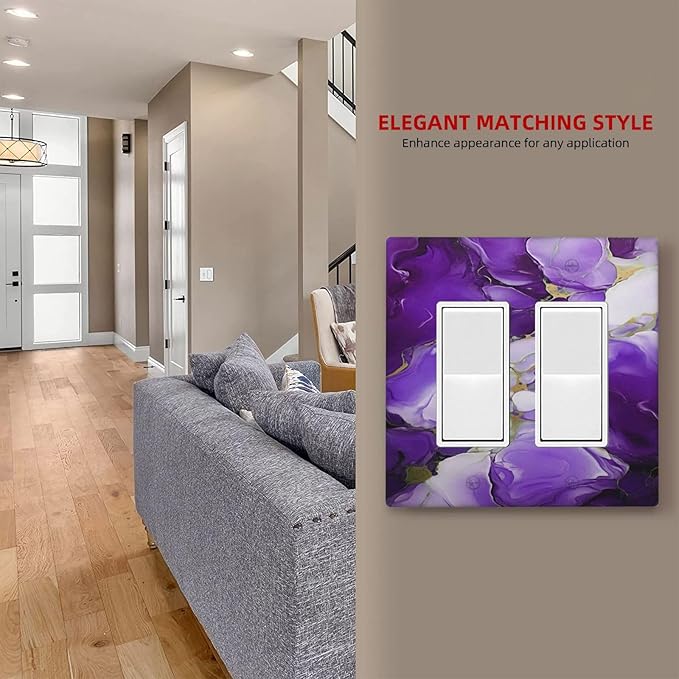 Decorative Outlet Covers Abstract Luxury Purple Gold Marble Textures 2 Gang Wall Plate Double Rocker Two Switch Wall Cover Plate Jumbo Dual Electrical GFCI Face Plate for Bedroom Decor