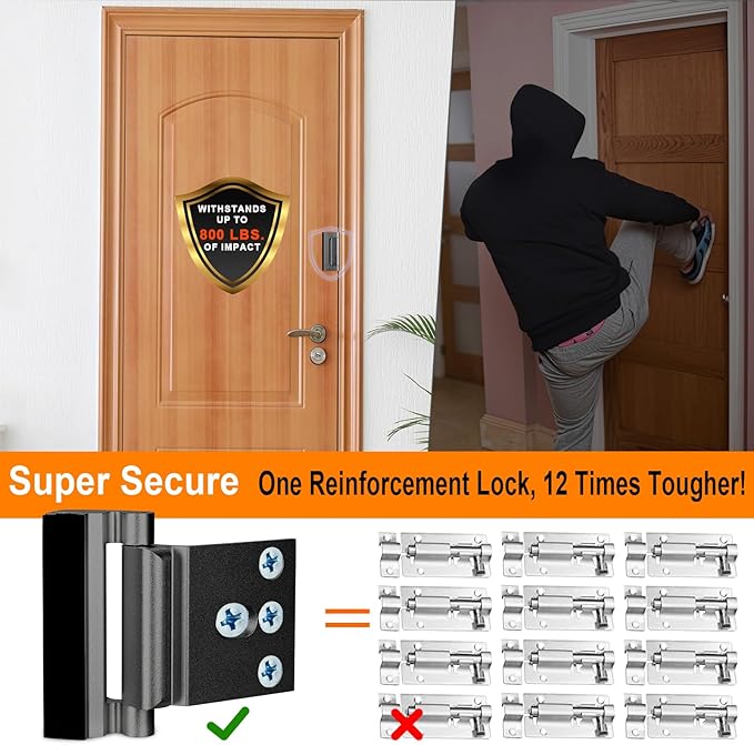 Home Security Door Reinforcement Lock, Upgraded Front Door Locks for Kids Safety Withstand 800 lbs, Child Proof Door Lock, Extra Door Lock from Inside Prevent Unauthorized Entry (2 Pack, Black)