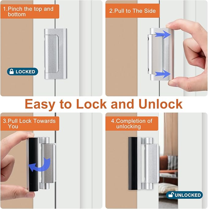 Husfunov 2 Pack Home Security Door Lock,Childproof Door Reinforcement Lock,with 3" Stop Withstand 800 lbs,for Inward Swing Doors,Night Kids Safety Metal Flip Lock Deadbolt Latch (Silver)