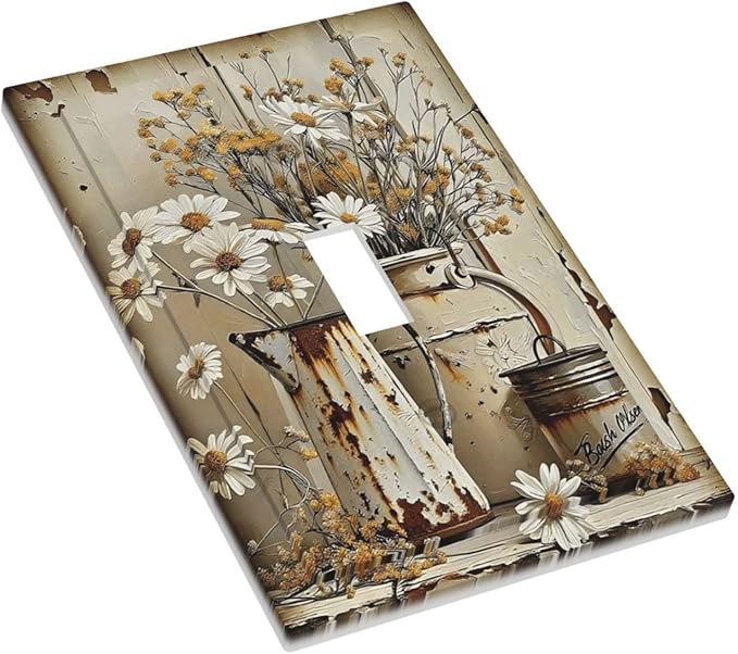 Rustic Flowers Daisy Floral White Wooden Planks Decorative Light Switch Cover 1 Gang Single Toggle Device Electrical Faceplate Switchplates Decorator Outlet Wall Plate for Farmhouse Home Decor