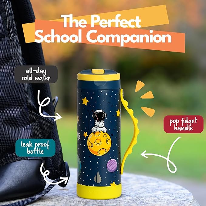 Elemental Iconic Kids Water Bottle for School - 100% Leak-Proof Insulated Water Bottles with Straw Lid & Pop-It Handle for Boys & Girls - Triple-Wall Insulated & BPA-Free, 14oz – Little Astronaut