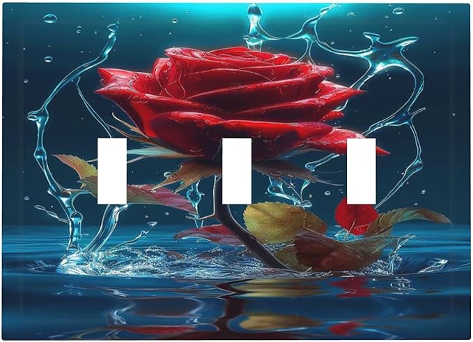 Red Rose Blue Water Drips 3 Gang Light Switch Plate Decorative Triple Toggle Wall Plate Cover Electrical Faceplate Switchcover for Kidroom Bathroom Home Bedroom Art Panel Decor