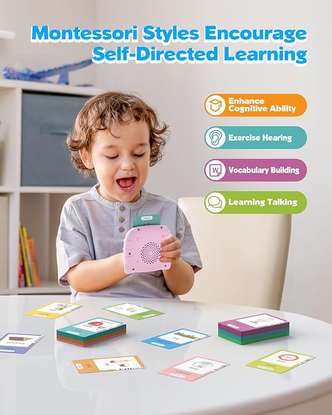 Airbition Bilingual Pink Spanish and English Talking Flash Cards, Pocket Speech Therapy Tools with 510 Words, Montessori Language Learning Aids, Children's Sensory Learning Kits