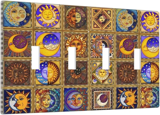 Mexican Talavera Tiles Star Pattern Celestials Theme Print Light Switch Covers Quad Toggle Electrical Faceplate 4 Gang Wall Plate Decorative Switch Plates for Kitchen Home Decor