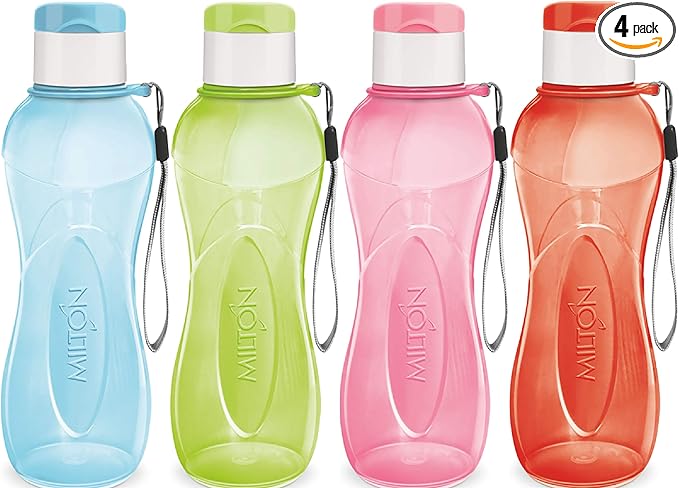 MILTON Sports Water Bottle Kids Reusable Leak-proof 25 oz 4 Set Plastic Wide Mouth Large Big Drink Bottle BPA & Leak Free With Handle Strap Carrier For Cycling Camping Hiking Gym Yoga