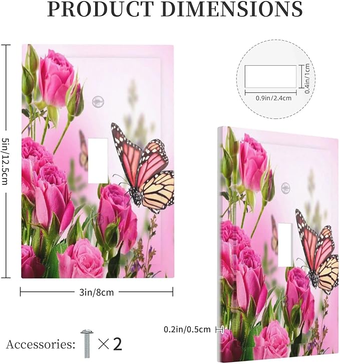 Pink Flower Butterfly 1 Gang Light Switch Plate Decorative Single Toggle Wall Plate Cover Electrical Switchplate Faceplate Rose Pink Floral Spa Home of Spring House Nature Garden Plant Bathroom Decor