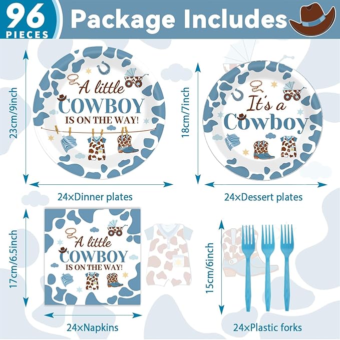 OBUSATT 96 Pcs Western Cowboy Baby Shower Paper Plates and Napkins Party Supplies Western Birthday Tableware Set A Little Cowboy is on the Way Party Decorations Favors for Boys Baby Shower Serves 24