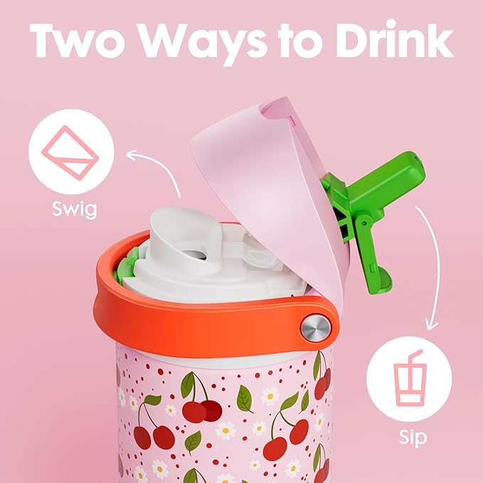 18 oz Insulated Water Bottle for Kids: Meoky Stainless Steel Water Bottle with 2-in-1 Straw and Spout Lid - Leak Proof, Cold for 24 Hours, BPA-Free for Girls School Sports, Sweet Cherry
