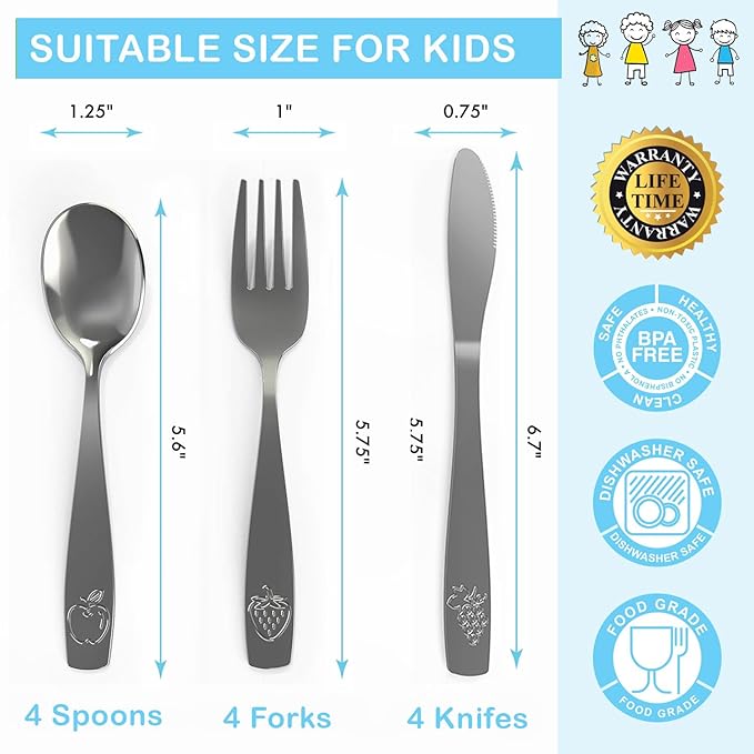 12 Piece Stainless Steel Kids Silverware Set - Child and Toddler Safe Flatware - Kids Utensil Set - Metal Kids Cutlery Set Includes 4 Small Kids Spoons, 4 Forks & 4 Knives