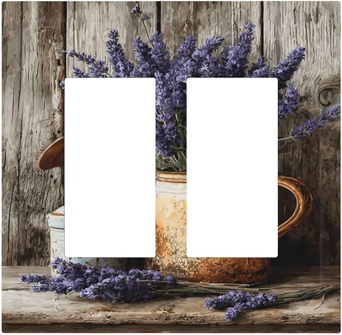 Rustic Flowers Lavender Purple Floral Oil Painting Decorative Outlet Covers 2 Gang Double GFCI Rocker Electrical Wall Panels Light Switch Cover Plate for Farmhouse Bedroom Decor