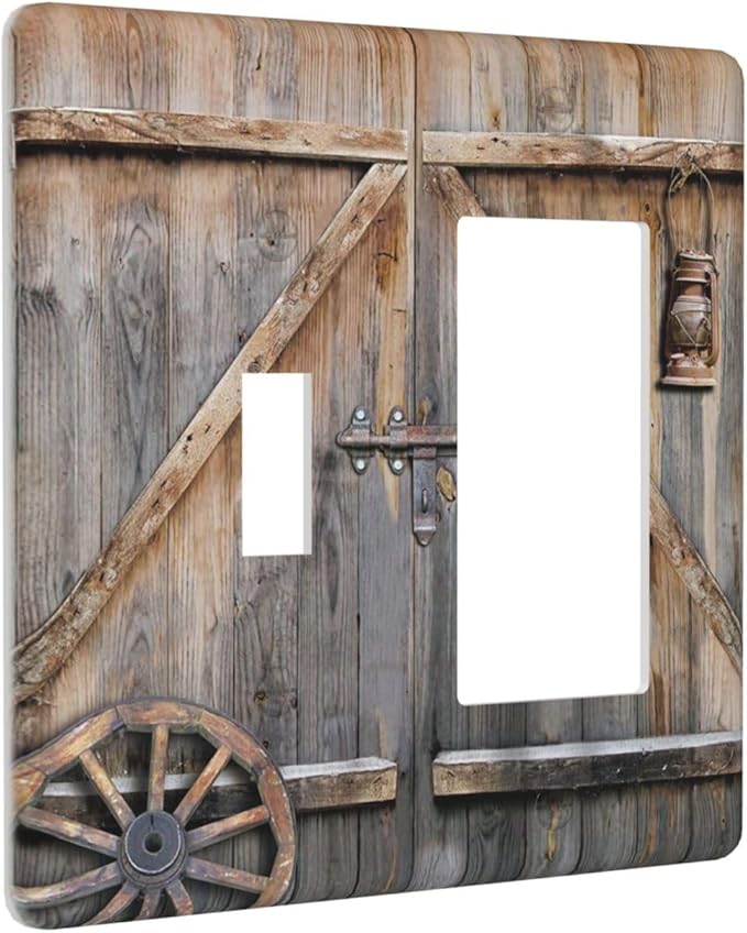 Wood Garage Barn Door Cabin 2 Gang Single Toggle/Rocker Combination Light Switch Cover Decorative Wall Plate Cover Electrical Faceplate Art Decor
