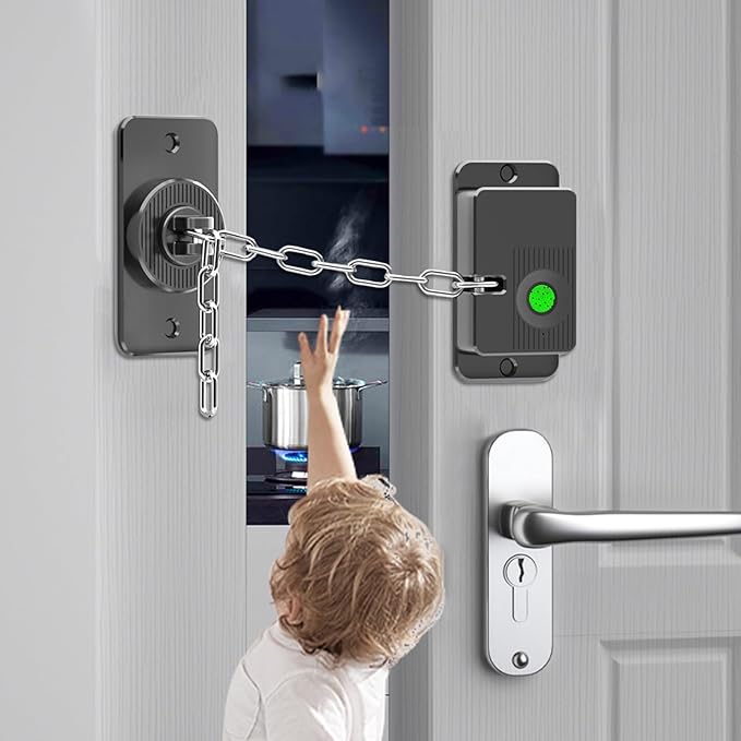 Fingerprint Child Proof Door Lock 2Pcs, Refrigerator Lock with Fingerprint & Door Locks for Kids safety, for Door Lock, Cabinet Locks and Window Locks,Strong Adhesive No Drilling(Black)