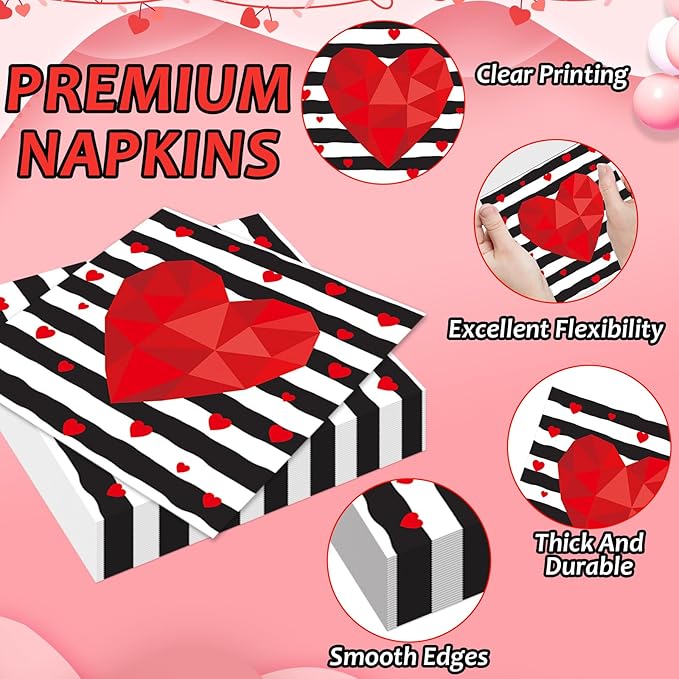 Wiooffen 96 Pcs Valentine's Day Party Plates Napkins Tableware Set Valentines Red Love Heart Stripe Supplies Disposable Dinnerware Valentine's Day Decoration Favors for Wedding 24 Guests