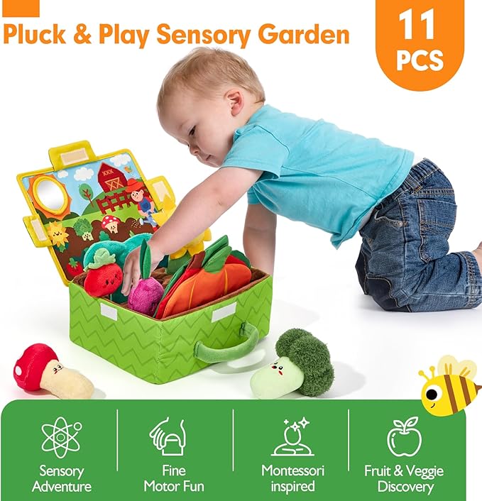 hahaland Baby Toys 6-12 Months - Fruits Vegetables Garden Plant Plush - 6 Month Old Toys Montessori Sensory Toy Carrot Flower with Rattles Mirror Squeaker Textures Crinkle Tissues, Baby Gifts 9 Month