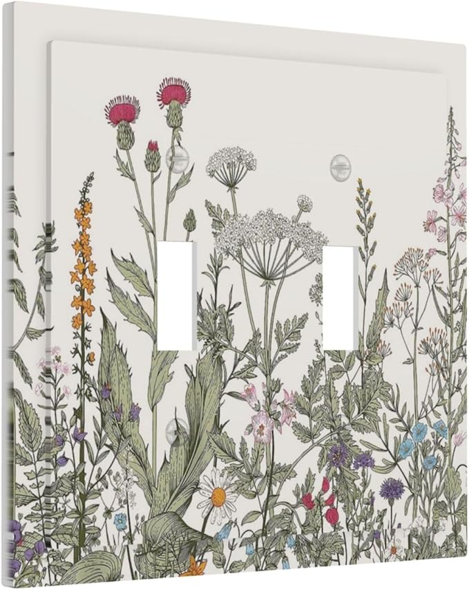 Vintage Colorful Wild Flower Floral Decorative 2 Gang Light Switch Cover Blossom Spring Bloom Herb Sage Botanical Plant Doouble Toggle Dual Device Outlet Electrical Switch Socket Plug Face Plate Cover