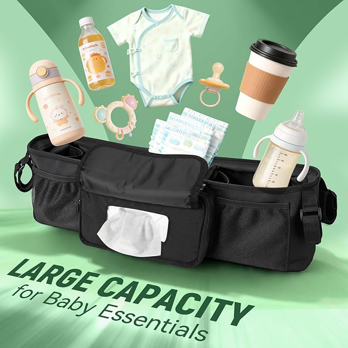 Guiseapue Double Stroller Organizer with 2 Insulated Cup Holders: Parent Console Double Jogging Stroller Accessories Fits for Baby Jogger City Mini GT2 and Jeep Double Stroller